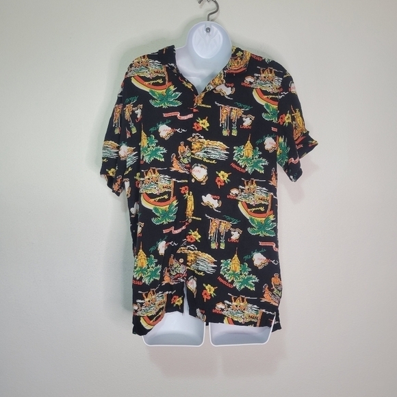 Denim & flower black Hawaiian print button down shirt - Picture 1 of 6